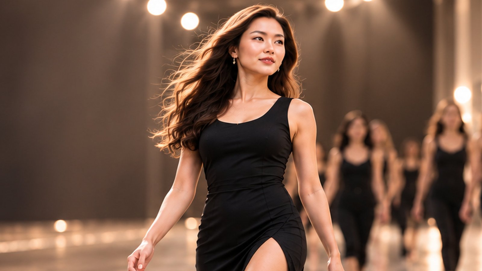 Woman confidently leading a runway walking rehearsal under warm studio lighting